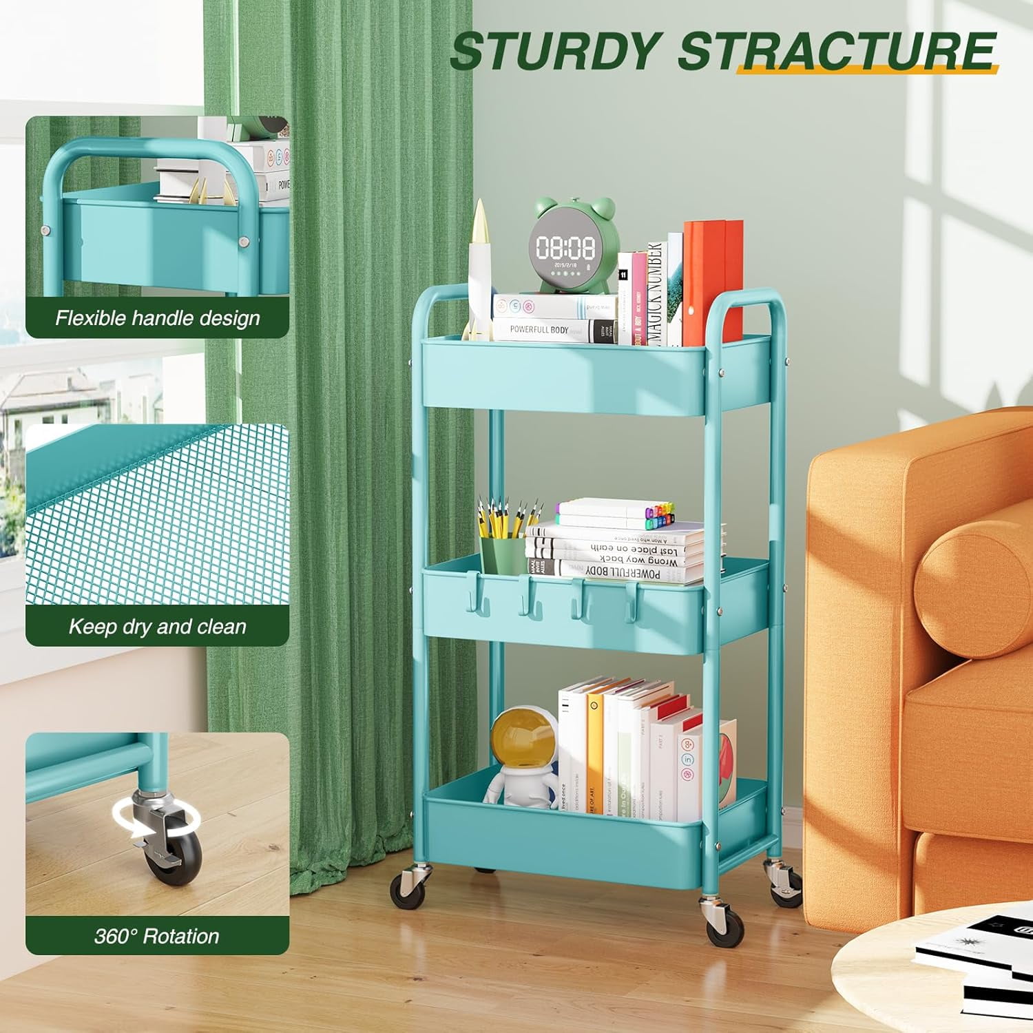 3 Tier Rolling Storage Cart, Metal Trolley Utility Cart with Wheels & Hooks, Easy Assembly Organizer Storage Cart for Bathroom Kitchen Office Bedroom (Blue)