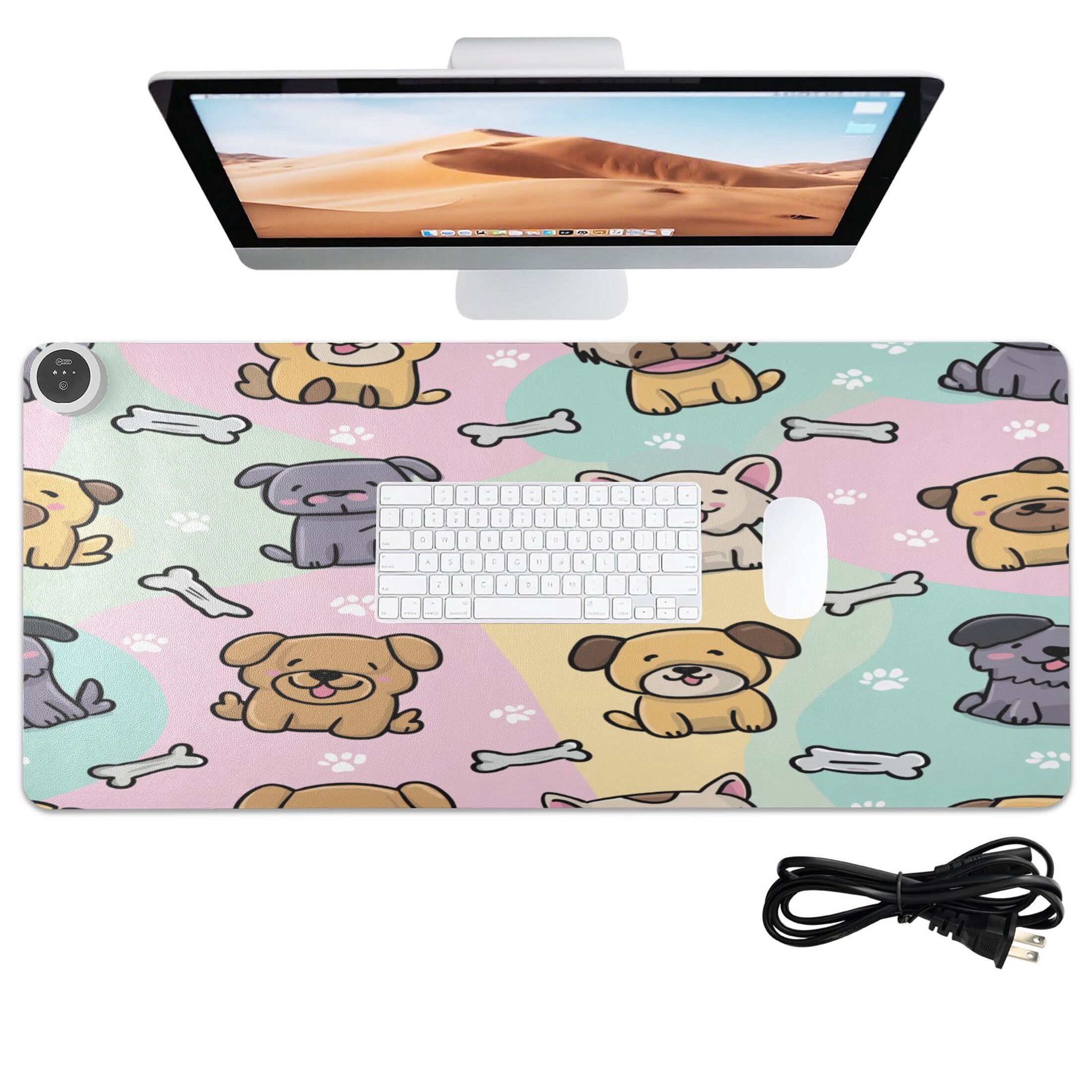 Large Heated Desk Mat Mouse Pad 31.5"x13"PU Leather Graphene Heating Desk Warmer with 3 Temperature Settings 110V US Plug Non-Slip Warm Pad for Home, Office, and Gaming Gentle Pastel Puppy Pattern