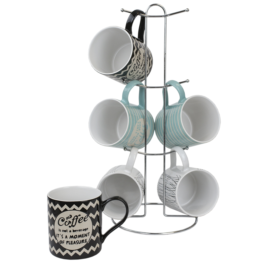 Home Basics It's Coffee Time 6piece Mug Set with Stand, Multicolor