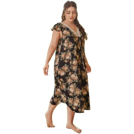 

Floral Nightgown Plus Size Sleepshirt Deep V Lace Neck Sleepwear