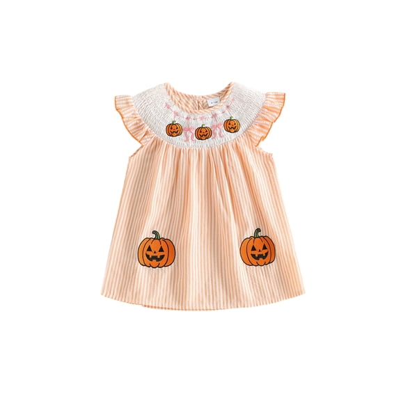 BemeyourBBs Todler Baby Girls Halloween Dress Outfit 12 18 24 Months 2 3 4 5 Years Cute Pumpkin Embroidery Smocked Fall Dress Fly Short Sleeve A-line Striped Dress