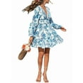 thumbnail image 3 of Autumn Women'S Dress V-Neck Long Sleeve Elastic Waist Bohemian Beach Resort Wear Floral Mini Summer Dress Blue L, 3 of 9