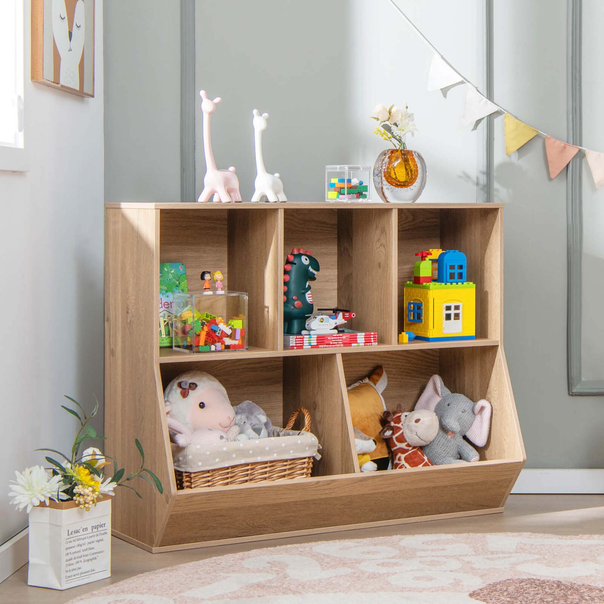 Costway 5-Cubby Kids Toy Storage Organizer Wooden Bookshelf Display Cabinet Natural - image 2 of 10