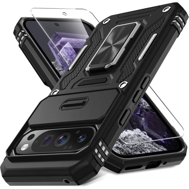 KOMI Case for Google Pixel 9/9 Pro with Slide Camera Cover+Screen Protector(1 Pack), Rotated Ring Kickstand Military Grade Shockproof Protective Cover-Black