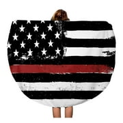 SIDONKU 60 inch Round Beach Towel Blanket Firefighter Tattered Flag Red Line Fire Thin America Black Travel Circle Circular Towels Mat Tapestry Beach Throw