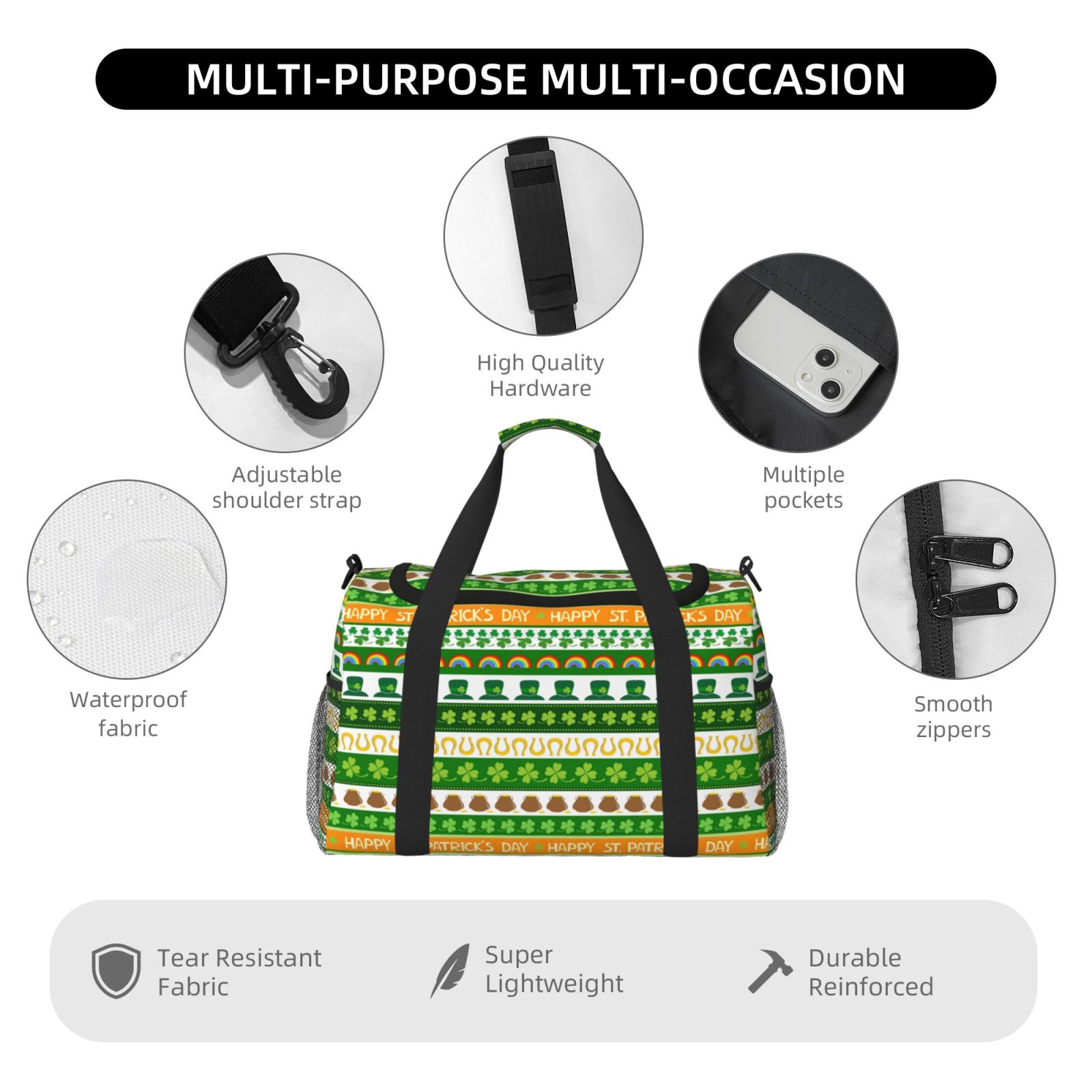 Fuzoiu St. Patrick's day in green colors Print Travel Duffle Bag,Carry On Tote Bags,Duffel Bag,Sport Gym Bag, Hospital Bag for Labor and Delivery, Overnight Bag,Luggage Bag