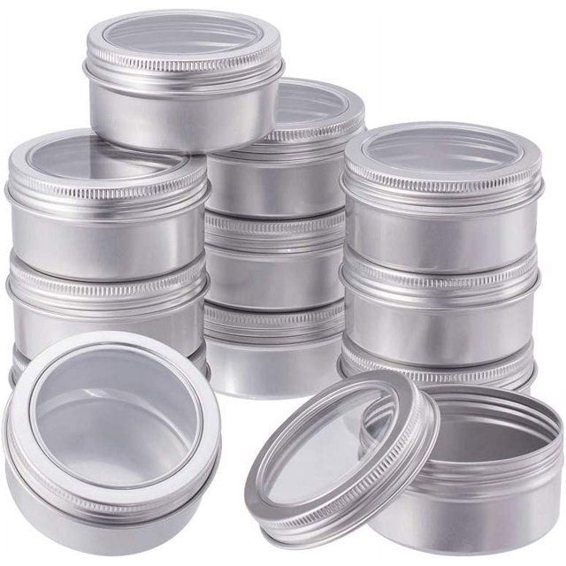 Paquete de 12 latas de hojalata de 2,7 oz con tapa de rosca redonda de aluminio, recipientes con tapa de rosca y ventana transparente, ideales para almacenar especias, dulces, té o regalar (platino)