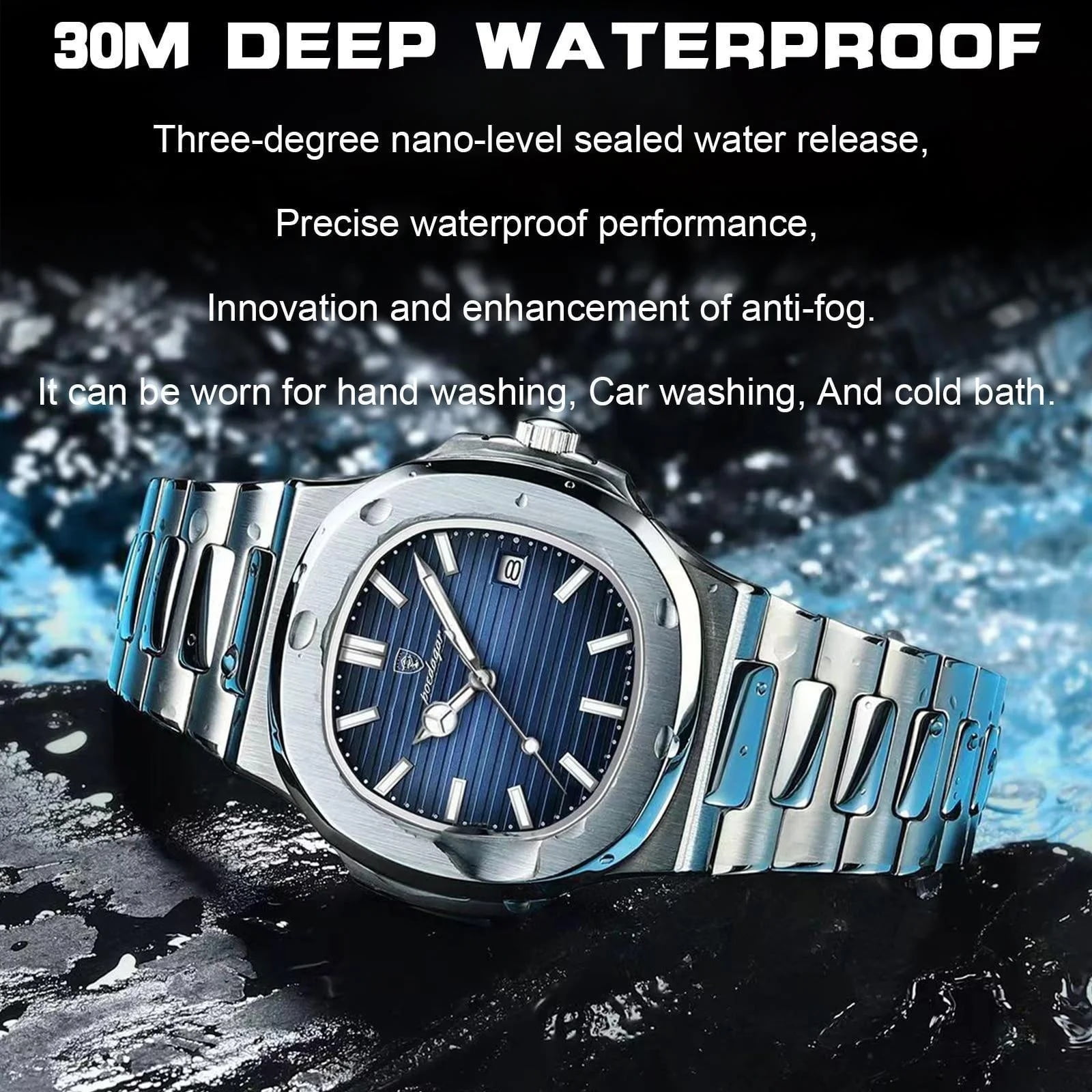 POEDAGAR New Luxury Rose Gold Quartz Watch for Men Stainless Steel Sports Waterproof Luminous Date Fashion Square Men's Watches