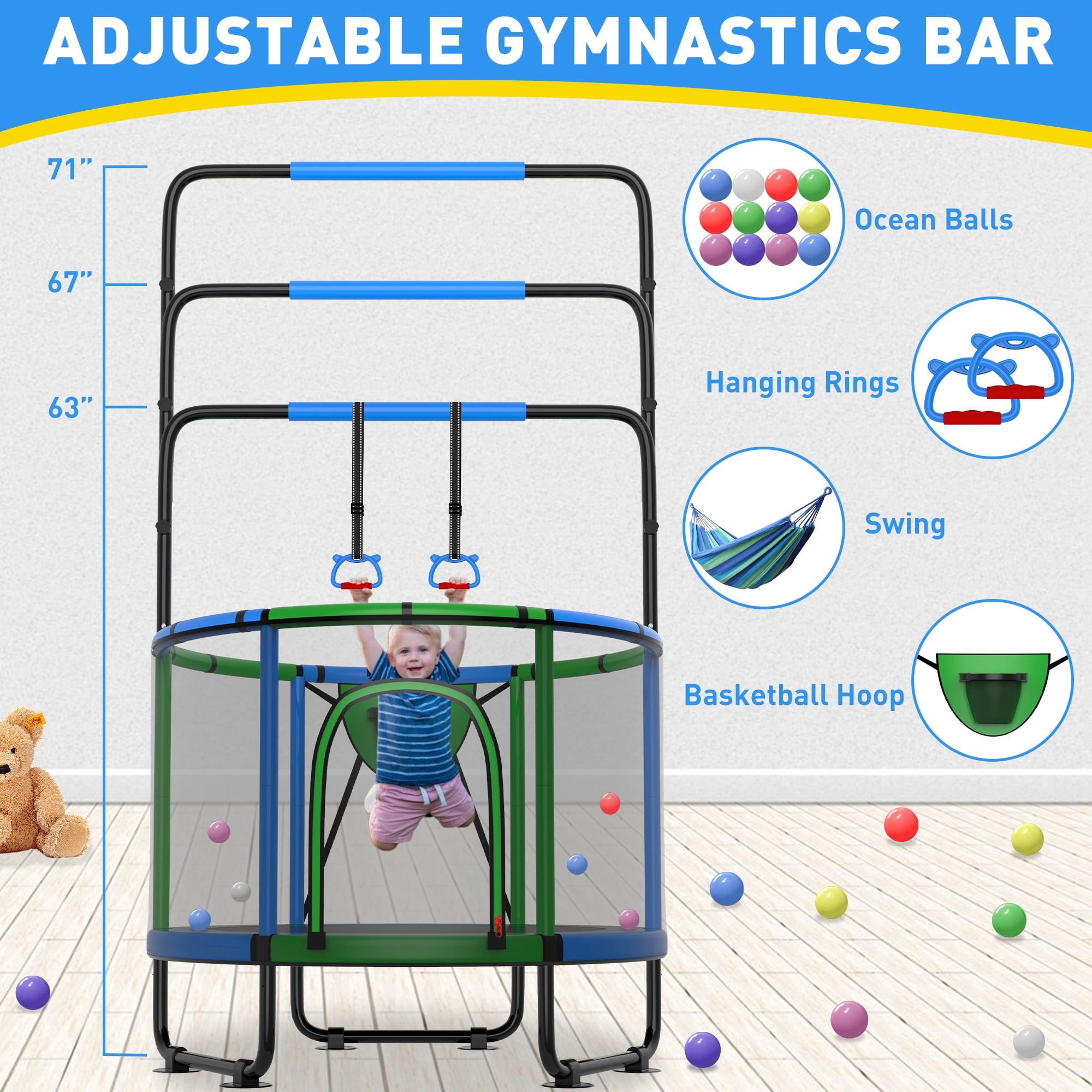 CITYLE 600LBS Trampoline for Toddlers 5.5FT 66'' Indoor Mini Trampoline for Kids with Enclosure, Basketball Hoop, Swing, Adjustable Bar, Small Toddler Trampoline Gifts for Boys & Girls