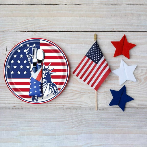 TOPRenddon 24-Piece Red White Blue Party Set - Disposable Patriotic Tableware for 24 Guests Plates - July 4th BBQ, Veterans Day & Outdoor Gatherings