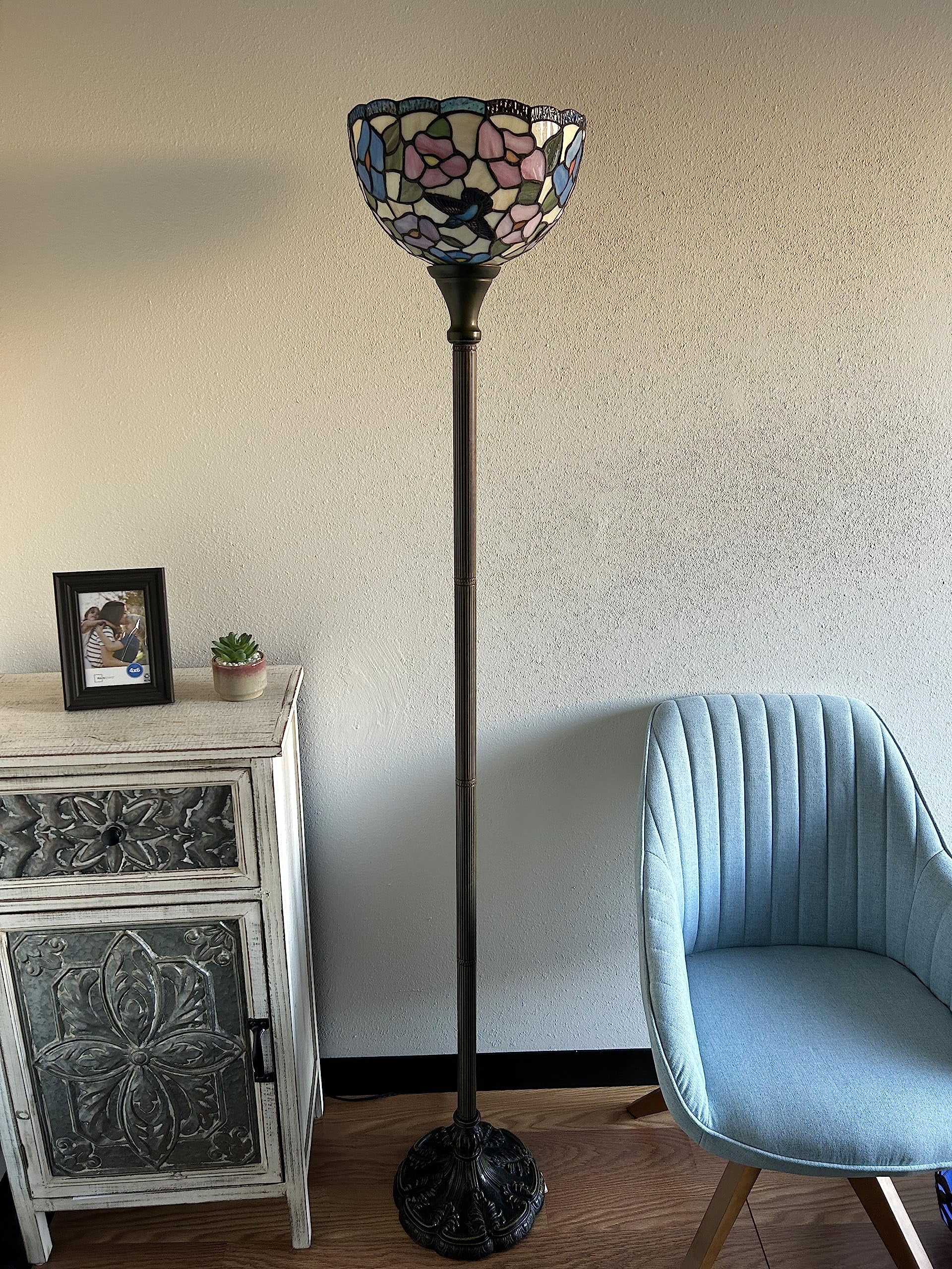 Tiffany Torch Floor Lamp Pick Blue Stained Glass Hummingbird Flowers for Living Room Dining Room Bedroom 12"W*12"D*66"H