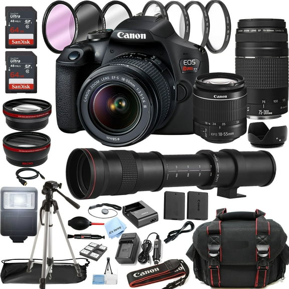 Canon EOS T7 DSLR Essential Bundle: Lenses, 128GB, Filters, Tripod, Case - New (International Version)