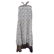Mogul Women Magic Wrap Skirt White  Printed Silk Sari Two Layer Reversible Sarong Dress