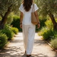 thumbnail image 4 of Women's Linen Cotton 2 Piece Pants Sets Dressy Front Twist Knot Short Sleeve Blouse Wide Leg Business Casual Outfits White XL, 4 of 4