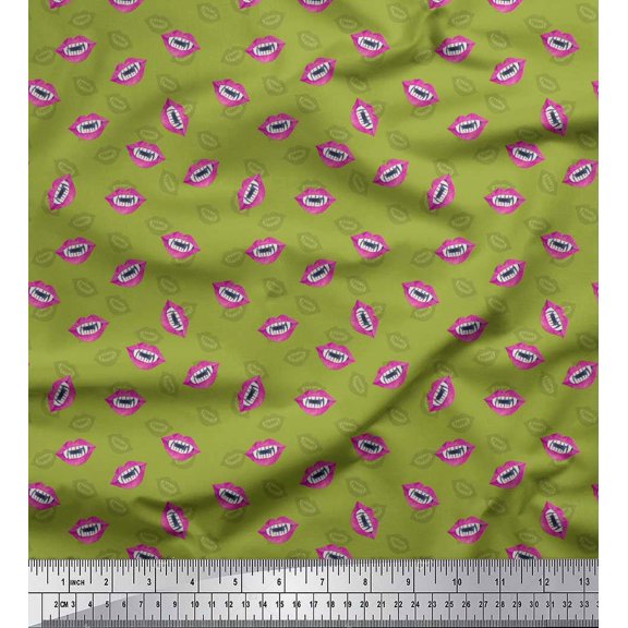Soimoi Green Cotton Duck Fabric Monster Lips & Teeth Face Print Fabric by the Yard 42 Inch Wide