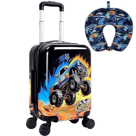 2Pcs Kids Luggage Set for Boys, Hardside 16.5" Truck Travel Suitcase with Wheels, Airline Approved Carry-On Rolling Luggage for Toddlers (Black)