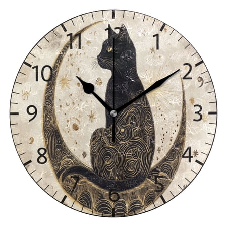 YAZAOO Decorative Wall Clock Size๏ผ25cm Black Cat on Crescent Moon Design Pattern Clock