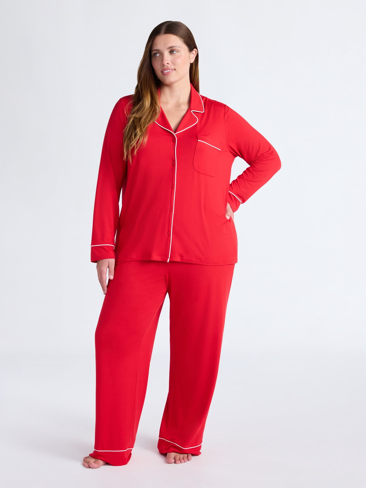 Joyspun Women’s Dreamy Soft Collection Long Sleeve Top and Pants Pajama Set, Sizes XS-4X