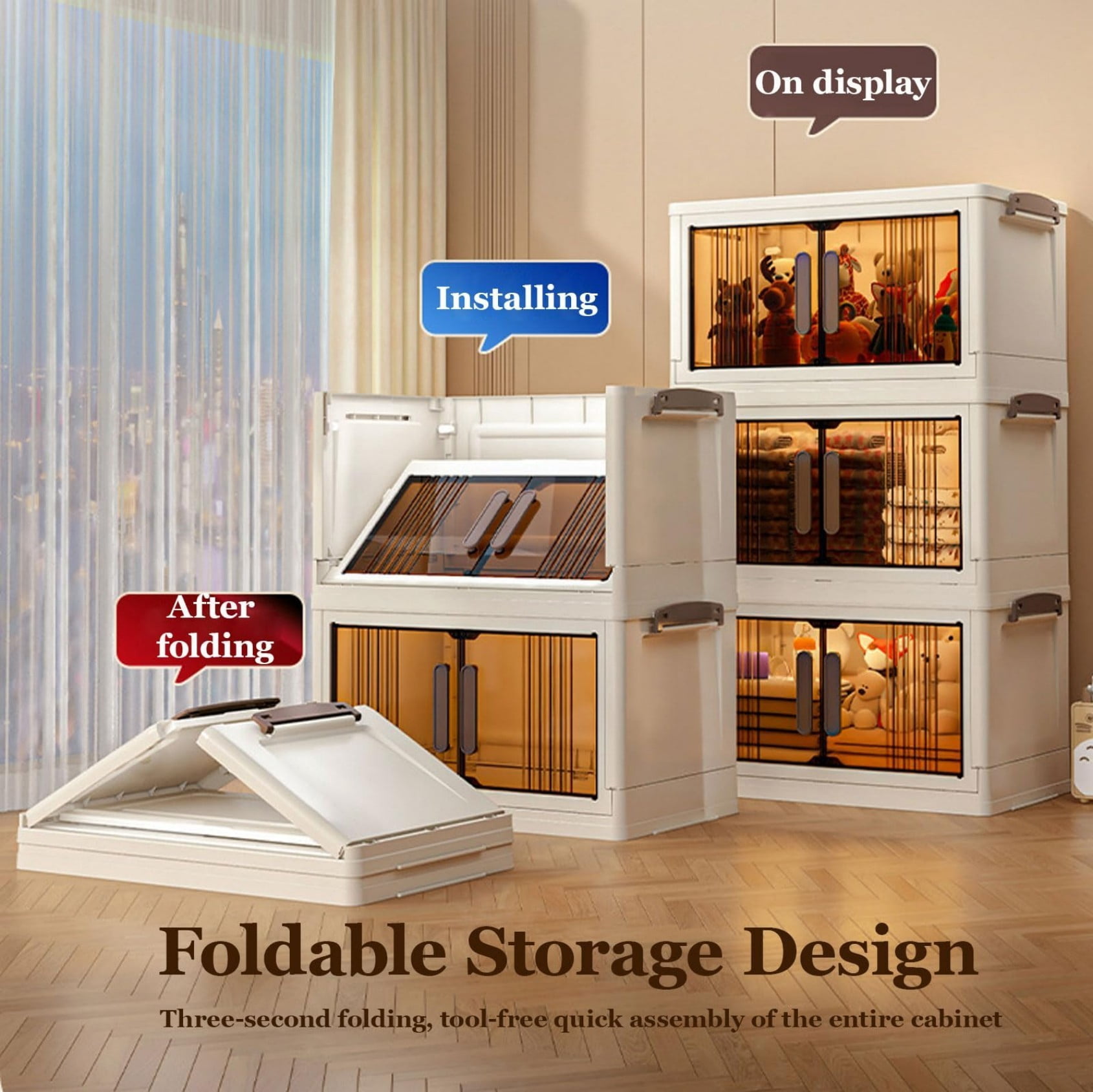28"H Stackable Storage Cabinet with Doors & Wheels, Adjustable 3 Tier Plastic Organizer Bin for Home, Office, Garage Storage, White