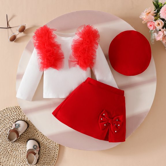 Amidoa Girls 2 Piece Outfits Fall Winter Clothes Solid Color Bow Long Sleeve Top and Casual Pants Kids Clothing Sets Size Red 3-4Years