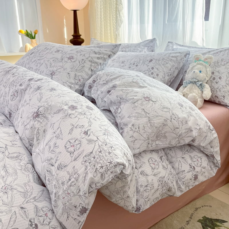 JOLUSERE 100% Organic Cotton Duvet Cover Sets King Size, 3 Pieces Soft Mist White Floral Soft Chic Artistic Bedding Sets