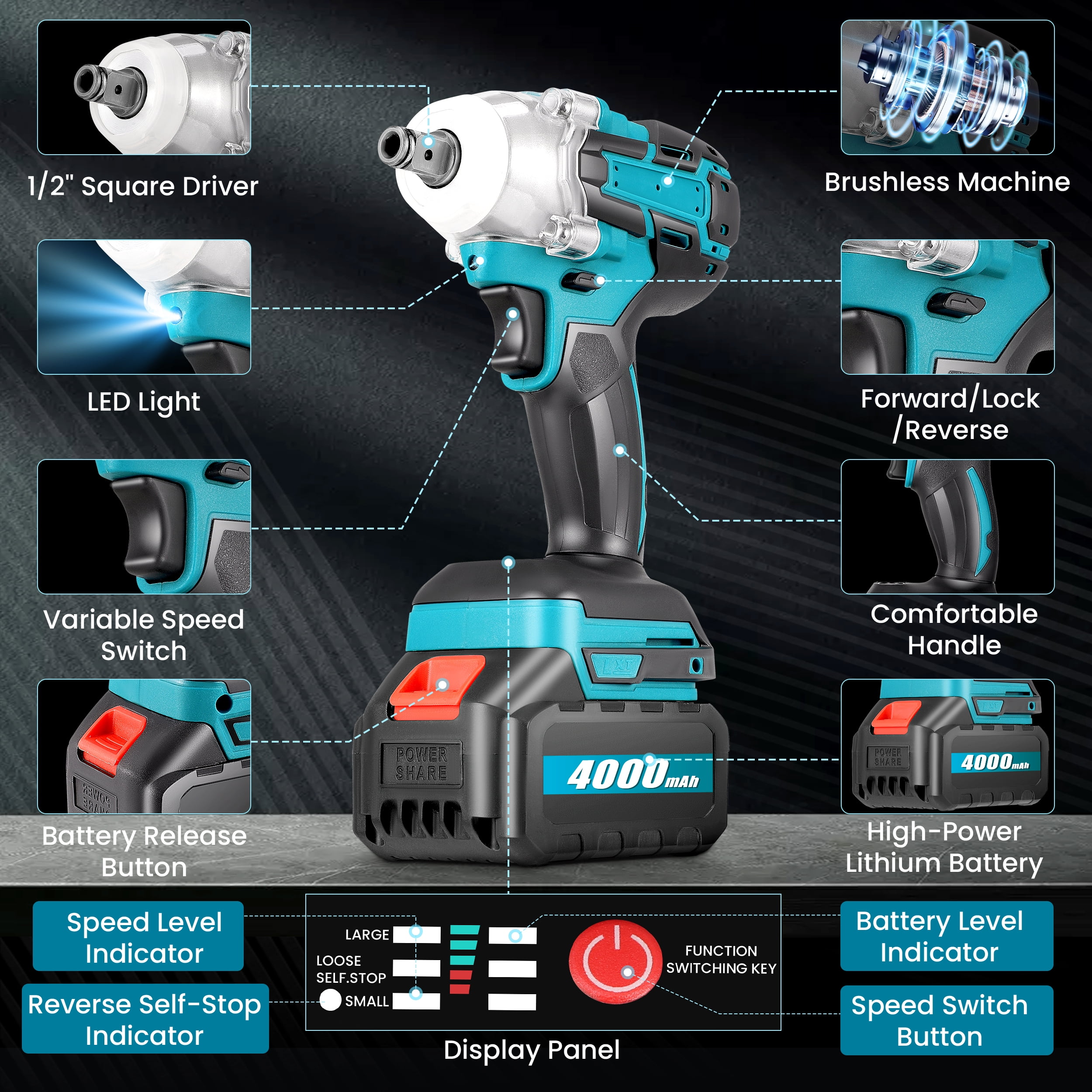 RELOIVE Cordless Impact Wrench 1/2", 553ft-lbs (750N.m) High Torque Impact Wrench with 2x 4.0Ah Batteries Brushless Motor Electric Impact Gun Impact Driver for Car Home