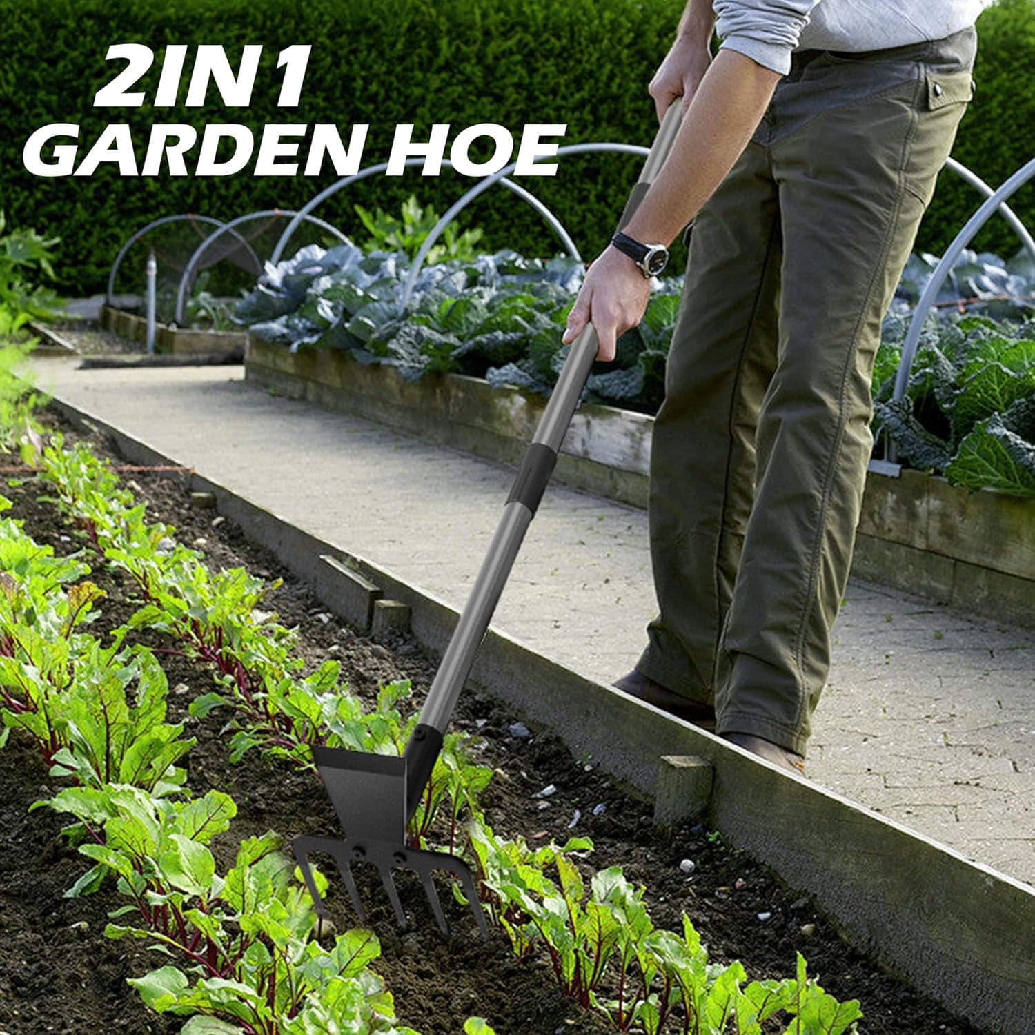 Walensee 2 in 1 Hoe Garden Tool, 63 Inch Garden Hoe Cultivator and 5-Tines Rake with 37-63 Inch Adjustable Long Handle, Weeding Tools Hand Tiller for Yard Lawn Flower Beds Planting Gardening Digging