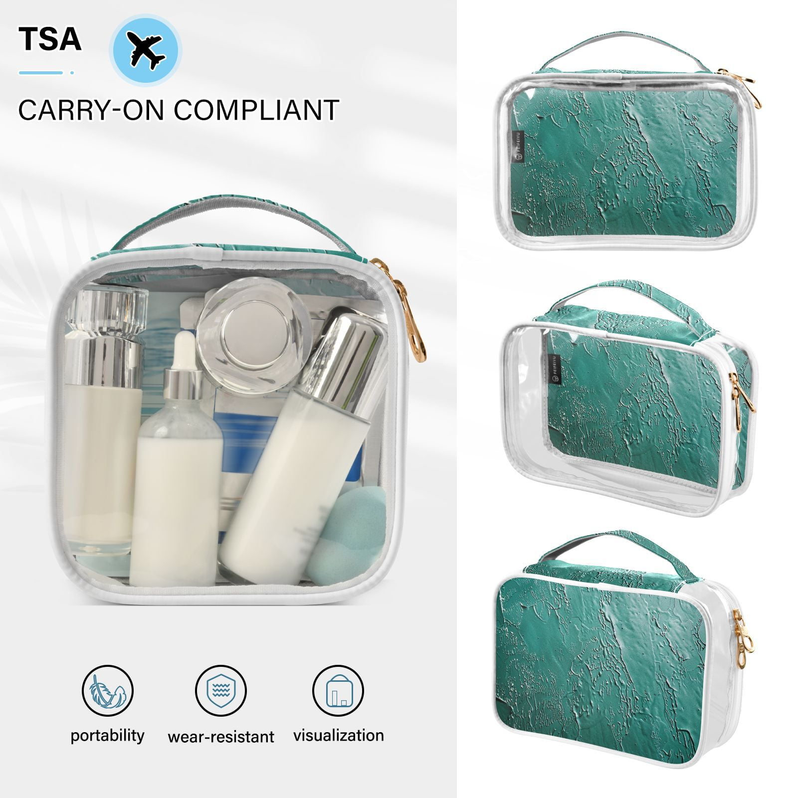 Clear Makeup Bags with Handle Large Opening 2 Pack Set Toiletry Bag Quart Size Bag, for Women Man Traveling Travel Essentials, Toiletries and Other. Green Pattern