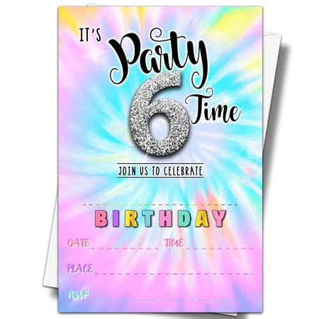 Vibrant Tie Dye Birthday Invitations for 6th Birthday Celebration, 20 Colorful Invite Cards with Envelopes, Perfect for Fun and Festive Party Planning