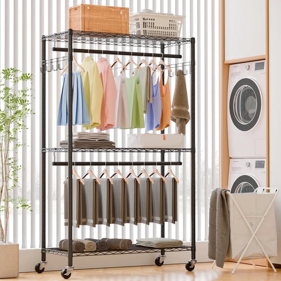 KABB Rolling Clothes Rack,Portable Closet, Freestanding Closet Organizer, Clothes Rack with Shelves, Hanging Rods, Storage Organizer, for Cloakroom, Bedroom,Black,35"W x 17"D x 71"H