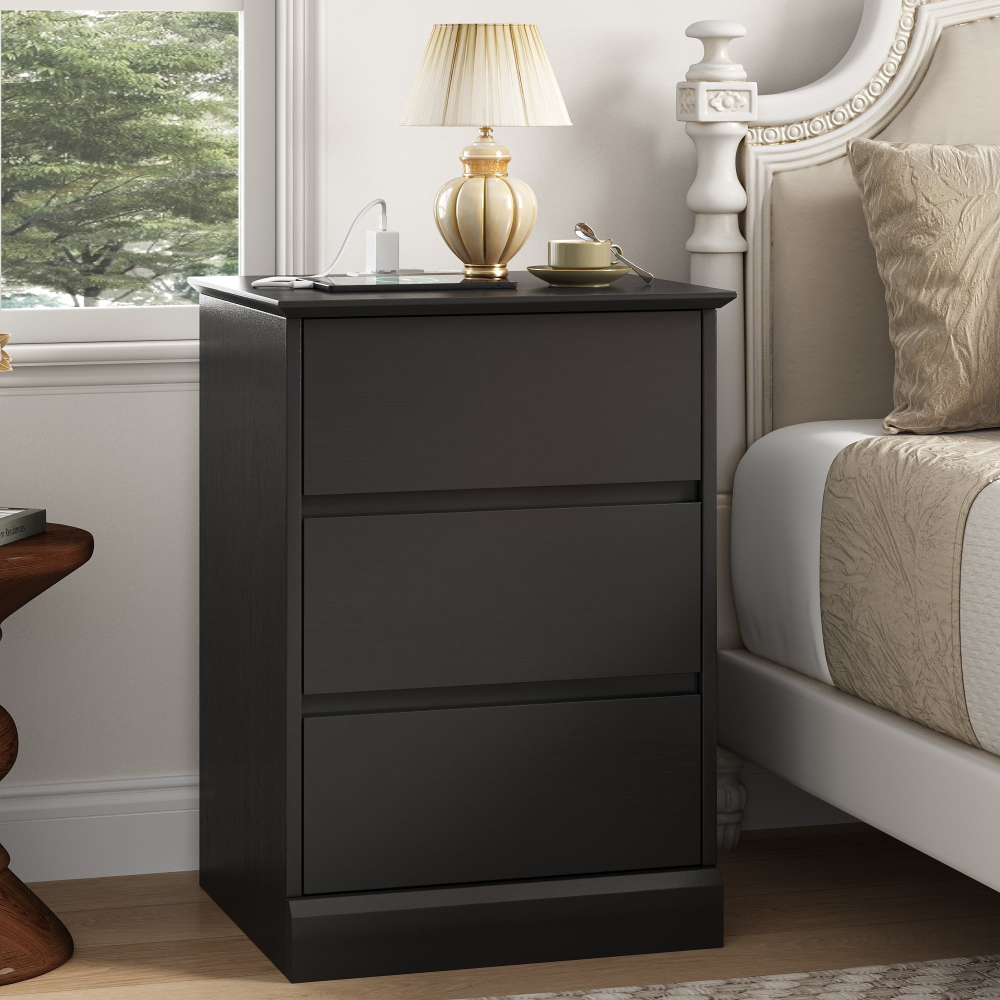 Nightstand with 3 Drawers, Black Bedside Table Night Stand for Bedroom with Charging Station & Cut-Out Handle, Sofa Side Table Dresser for Bedroom(Black)