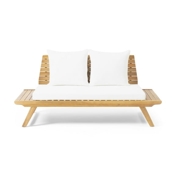 GDF Studio Bowie Outdoor Acacia Wood Loveseat with Cushions, White and Teak