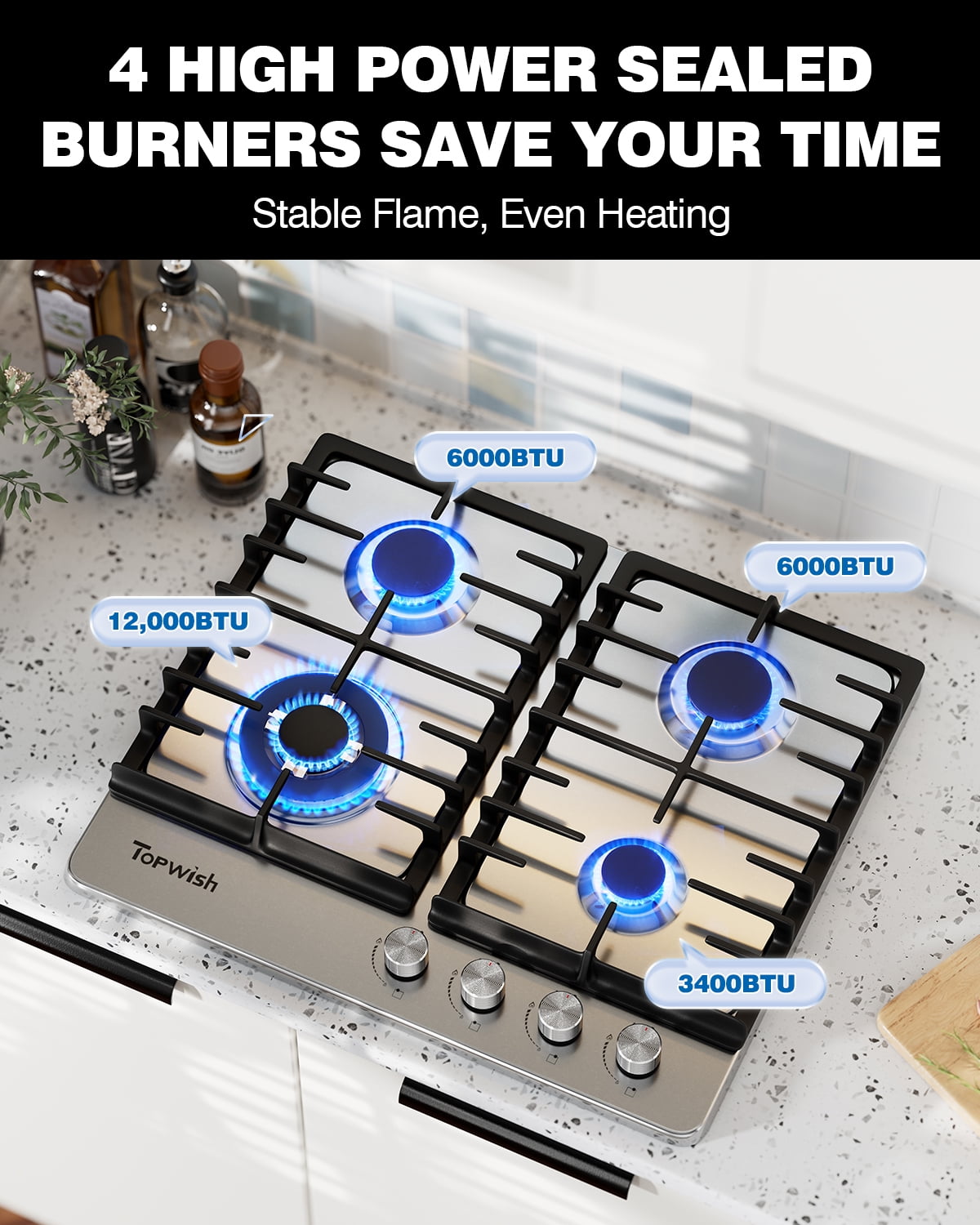 TOPWISH 24" 4-Burner Built-In Gas Cooktop, 27,400 BTU, NG/LP Convertible, 304 Stainless Steel, Thermocouple Flame-Out Protection