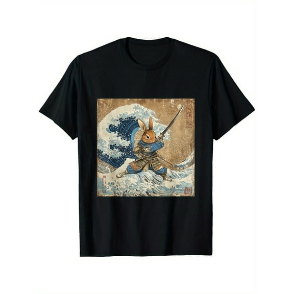 Men's Vintage Japanese Anime Bunny Samurai Warrior Graphic T-Shirt - 100% Cotton Relaxed Fit Tee with Great Wave-Inspired Art, Black Casual Shirt for Men (S-XXXL), Anime Clothes