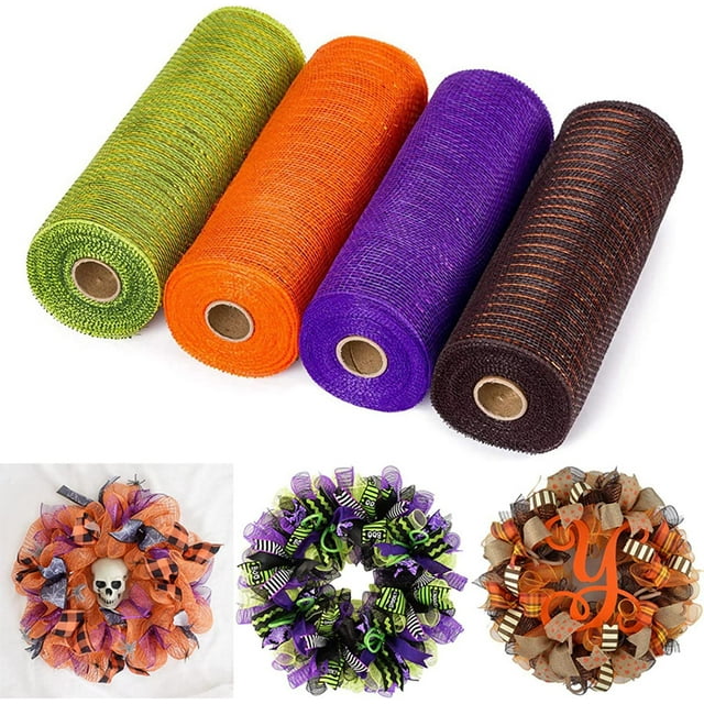XINQIHANG 4 Rolls Halloween/Christmas Ribbons Decoration,10 inch x 30 Ft Each Roll Holiday Mesh Ribbons,4-Color Poly Burlap Mesh,DIY Wreath Making Supplies,Mesh Supplies,Halloween Xmas Decor, 26x24cm
