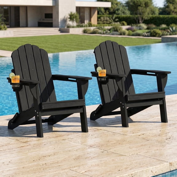Folding Adirondack Chairs Set of 2, HDPE Plastic Fire Pit Chairs, Black