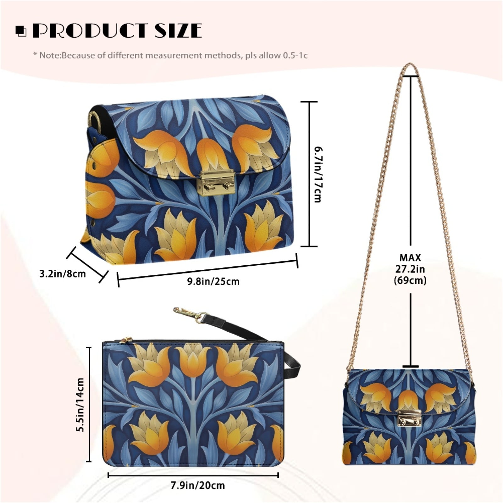 SCRAWLGOD Floral Print Yellow Blue Small Crossbody Purse, PU Leather Stylish Crossbody Bag, Stain Resistant Lightweight Cross Body Bag, Sling Bag with Purse for Women