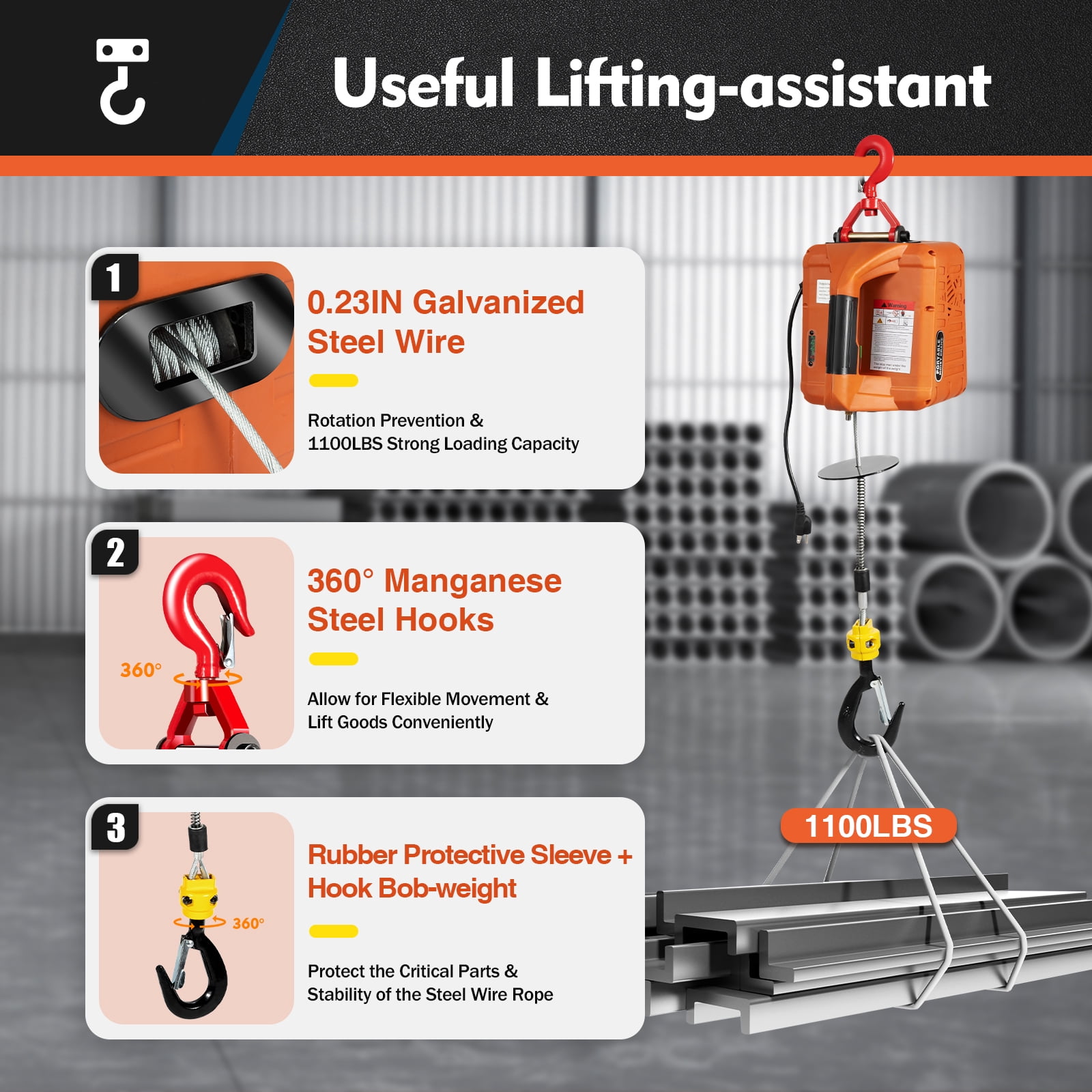 Electric Hoist Winch,1100lbs Portable Electric Hoist Winch with Wireless Remote Control,1500W Power Winch Crane,Dual Control for Home/Garage/Lifting