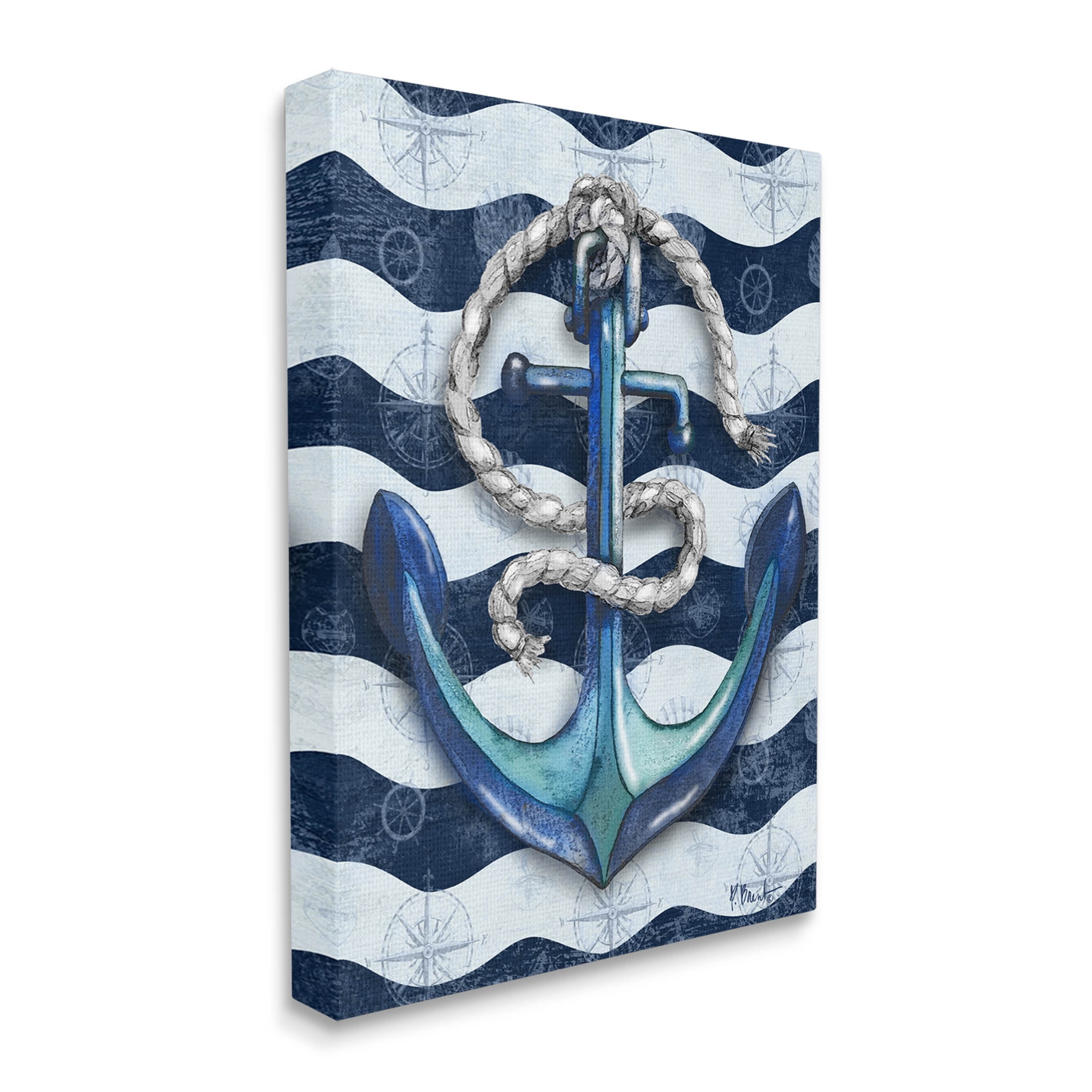 Stupell Industries Nautical Anchor Wavy Navy Stripes Graphic Art Gallery Wrapped Canvas Print Wall Art, Design by Paul Brent