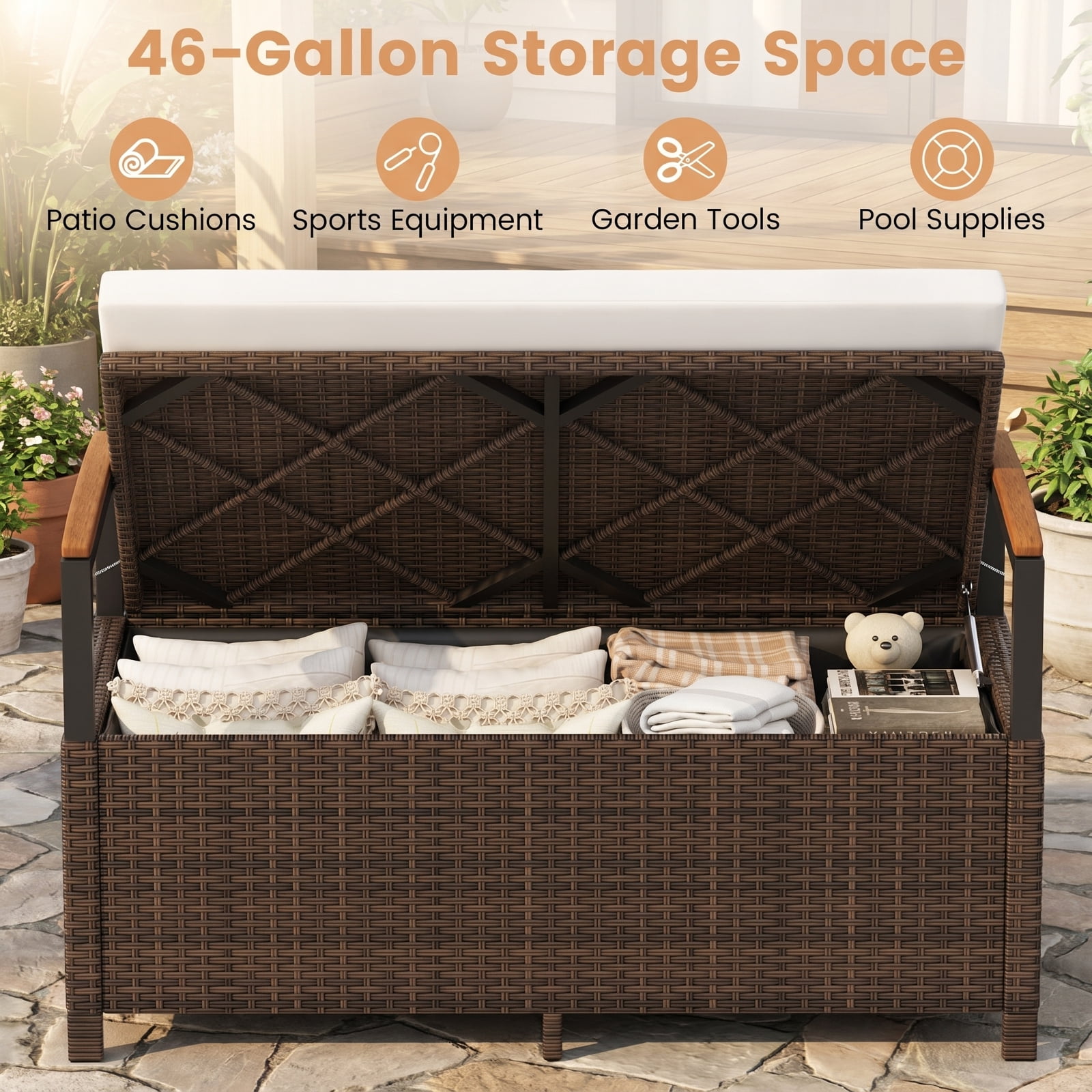 Biotree Outdoor Storage Bench Deck Box Patio Furniture with Cushion Outdoor Waterproof for Patio Deck Garden Cushions, White