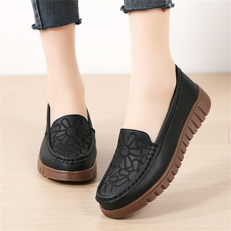 

Pyhlmscde Womens Shoes Womens Soft Flat Sole Leather Non Slip Wedge Shoes Slip on Foam Sneakers Solid Color Embroidery Loafers
