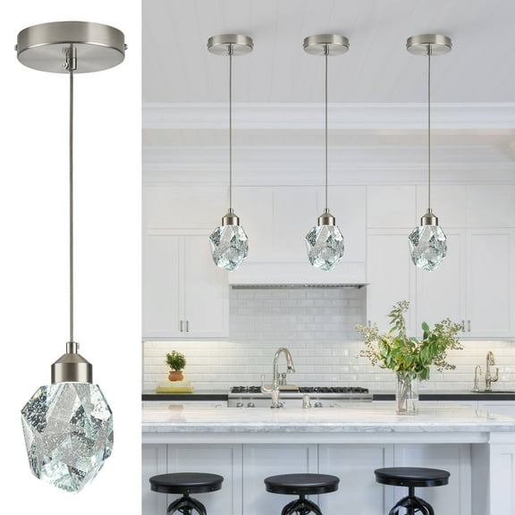 3 Pack Modern Nickel Crystal Pendant Light, Dimmable LED Pendant Light Fixture for Kitchen Island Dining Room Bedroom Bathroom 5W Cool White 6000k