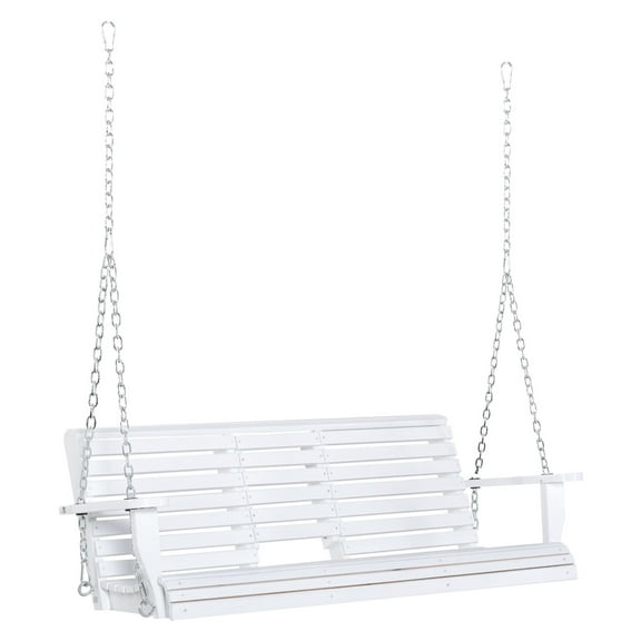 3-Person Porch Swing with Coffee Table, Outdoor Patio Swing, White Wooden Swing with Chains