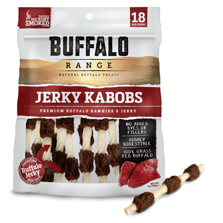 Buffalo Range Rawhide Dog Treats | Healthy, Grass-Fed Buffalo Jerky Raw Hide Chews | Hickory Smoked Flavor | Jerky Kabob, 18