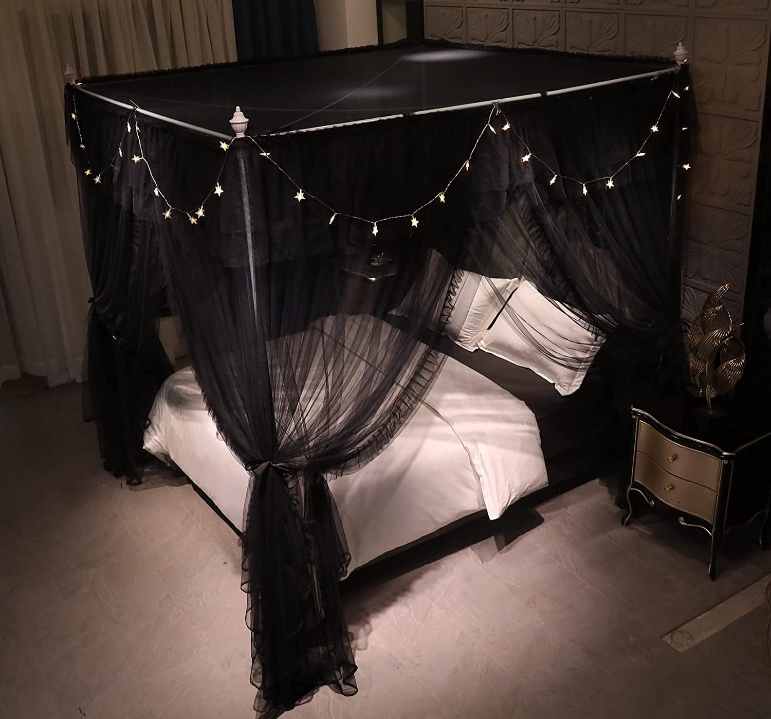 4 Corners Post Ruffle Princess Bed Canopy Curtain-Double Layer Cozy Drape Netting 4 Opening Mosquito Net for Girls Adults Bedroom Decoration (Double-Black,78" W*86" L*82"*H/King)