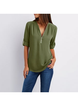 Women Casual T-Shirt Loose Fit Short Sleeve Zipper Tops V Neck Cut Out  Tunic Tee Sexy Cold Shoulder Shirts Blouse