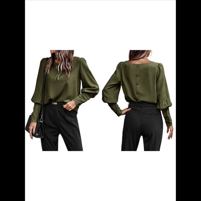 Blusa Elegante de Larga con Cuello Redondo para Mujer, Ideal para Otoño e Invierno, con Botones en la Espalda Verde M