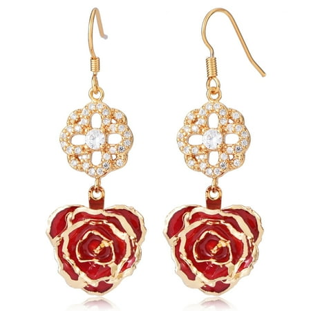 24k Jewelry - Rose Gold Earrings, Flower Dangle Earrings Gift for Women & Girls 24K Gold Dipped Rose Earrings Jewelry for Her, Mother's Day, Thanksgiving Day, Valentine's Day, Anniversary, Birthday, Christmas Day