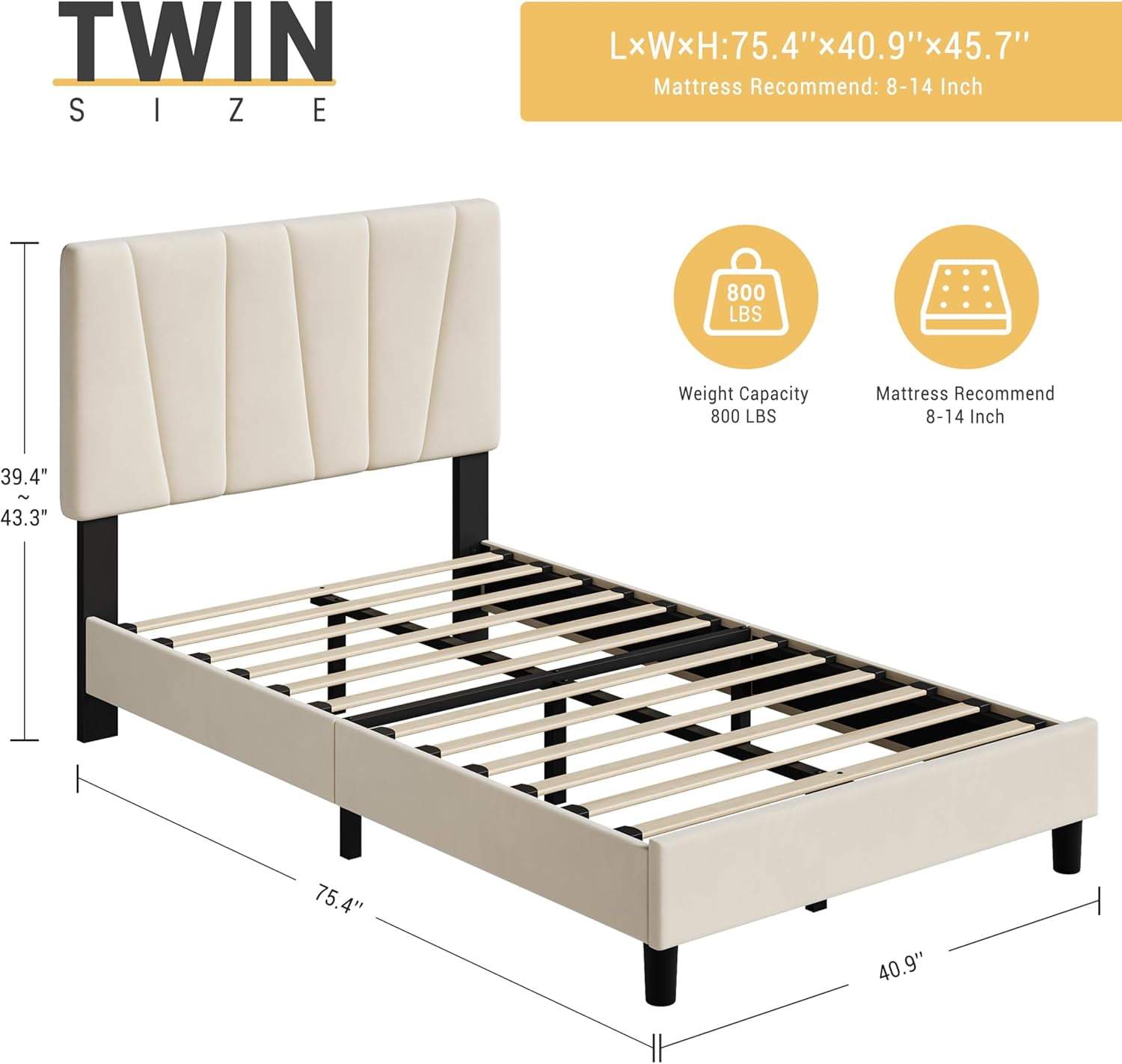 Bed Frame,Twin Size/Full Size/Queen Size/King Size Modern Upholstered Bed Frame with Adjustable Linen Headboard,Platform Bed Frame with Strong Wood Slats,No Box Spring Needed