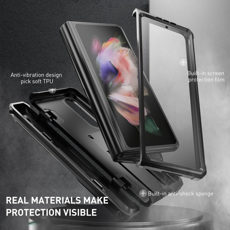 trojan vibrating ring tandem ELEHOLD Samsung Galaxy Z Fold 3 Rugged Phone Case with Screen Protector,  Kickstand, Pen Slot, Shockproof, Black